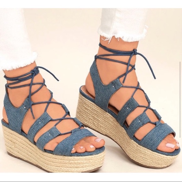 Steve Madden Brayla Denim Fabric Espadrille Wedges Size 9 - Picture 2 of 10